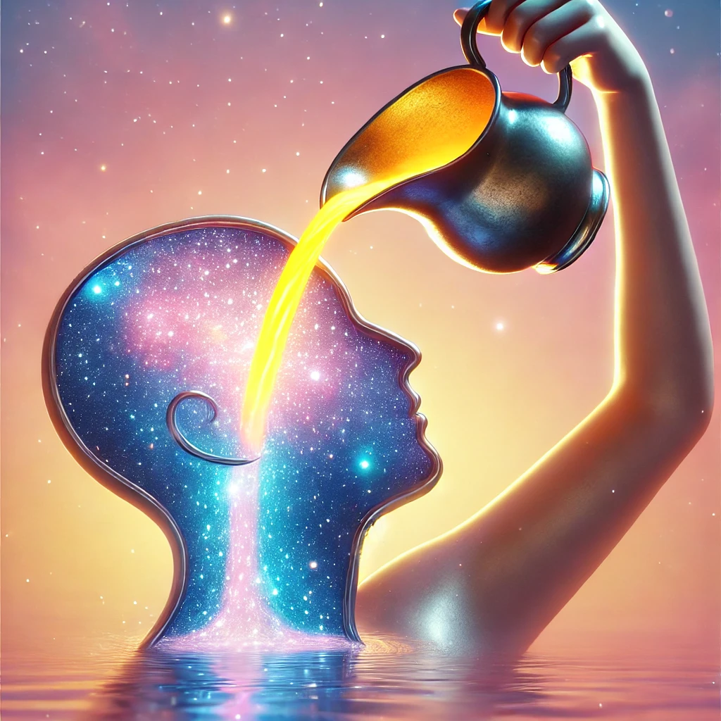 DALL·E 2025-02-28 17.32.04 - A surreal image of a person holding a glowing pitcher and pouring a shimmering liquid version of themselves into their own head. The liquid represents